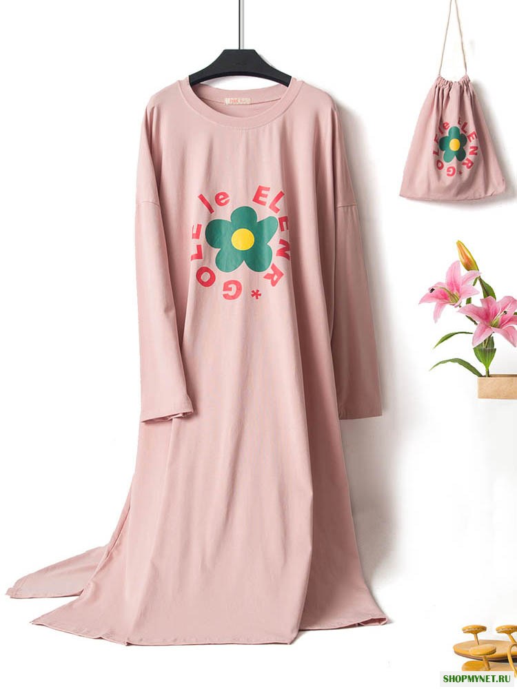 Большой размер с длинным рукавом с принтом O Шея Comfy Nightgown